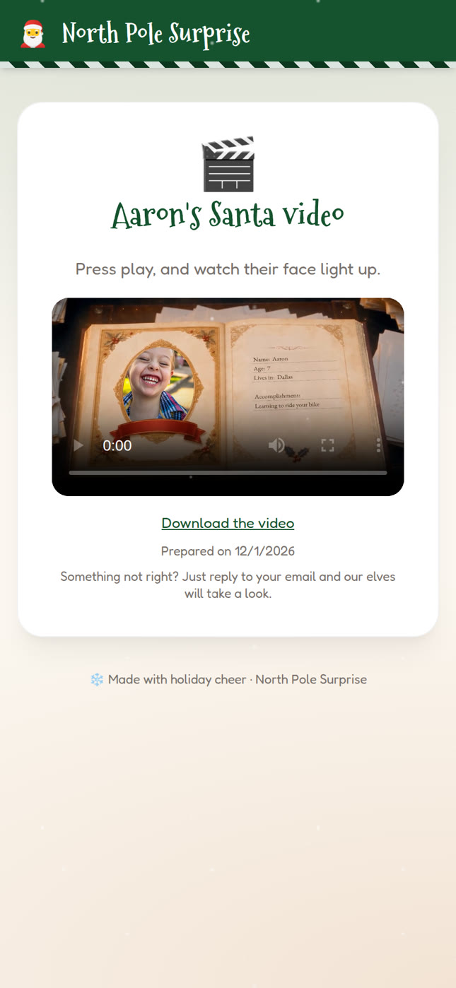 Video delivery page with player and download
