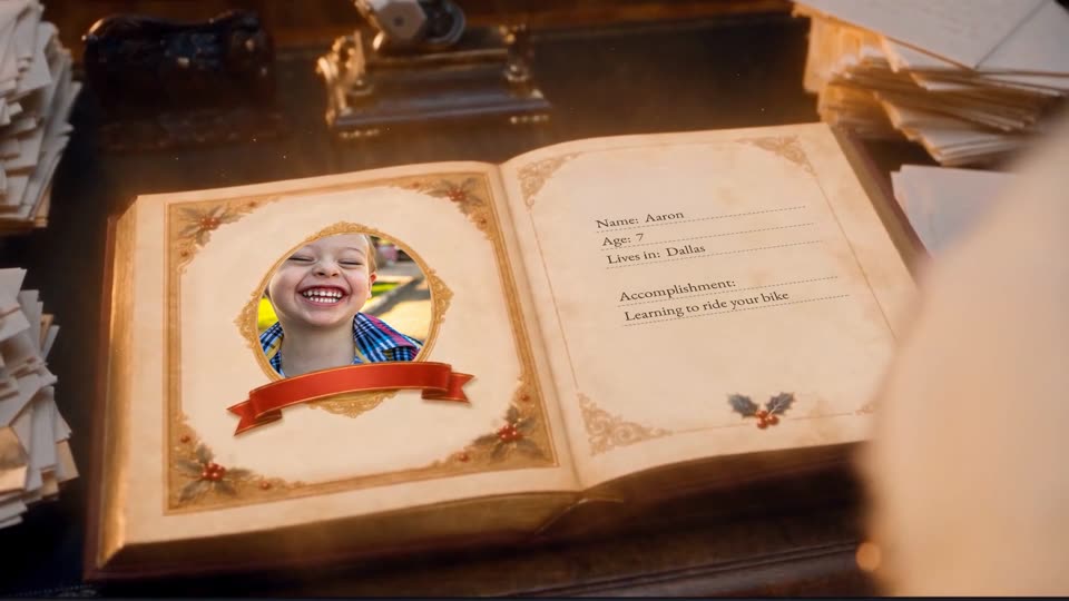Santa's Nice List book open on the child's photo and details